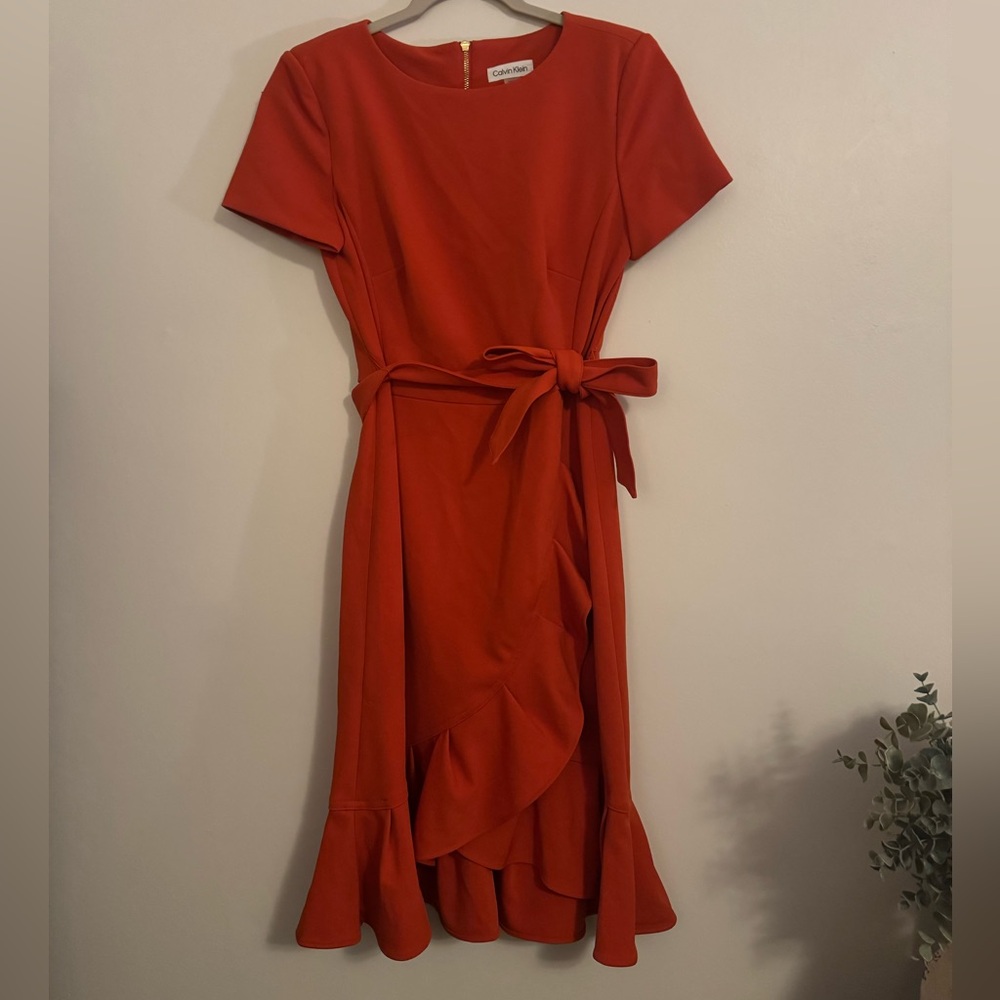 Calvin Klein Red Midi Dress with Ruffle Detail